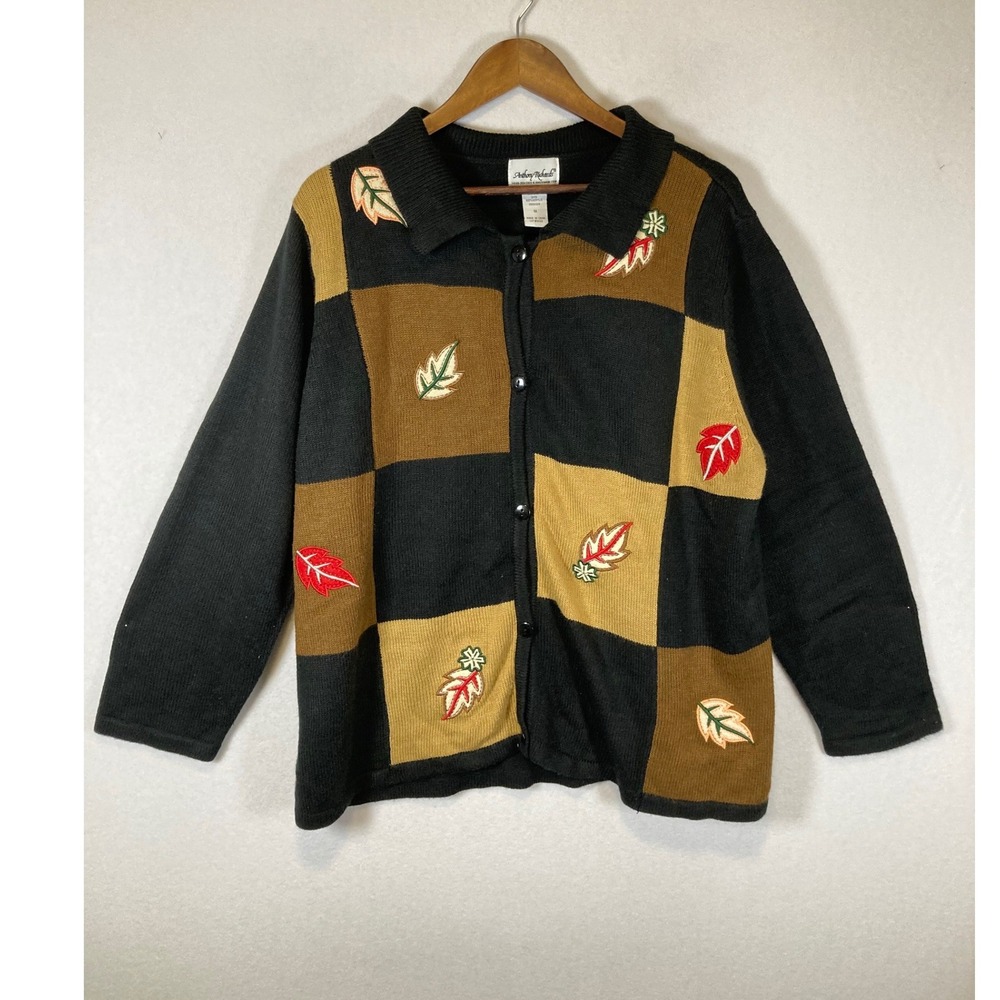 Autumn Leaves Anthony Richards Women 1X Black Brown Colorblock Cardigan Sweater